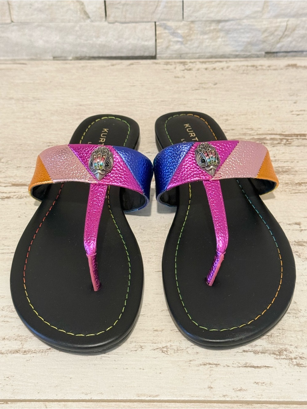 Kurt Geiger Kensington T-Bar Metallic Leather Slip On Sandals Sz 38.5 EU 8 NEW - Picture 6 of 15